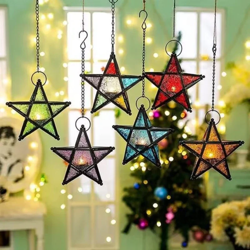 Nordic Retro Iron Art Colored Glass Wind Lamp Windproof Glass Candle Holder Hanging Five Pointed Star Candlestick Garden Decor