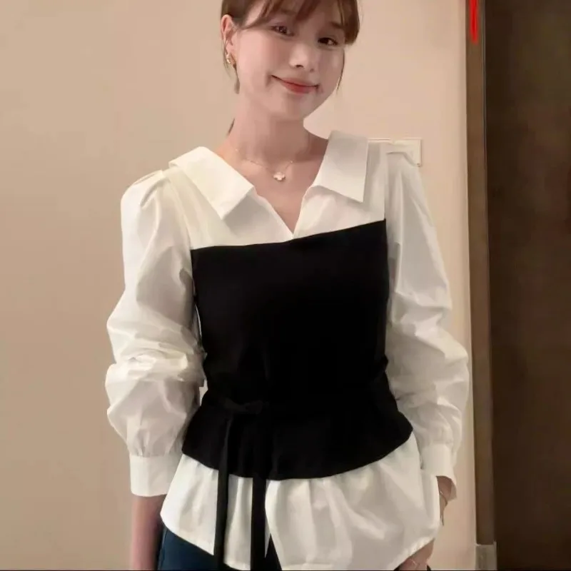 Women Shirts Vintage Patchwork Bandage Long Sleeve Autumn New Fashion Y2k Aesthetic Female Tops Casual Blouse Elegant