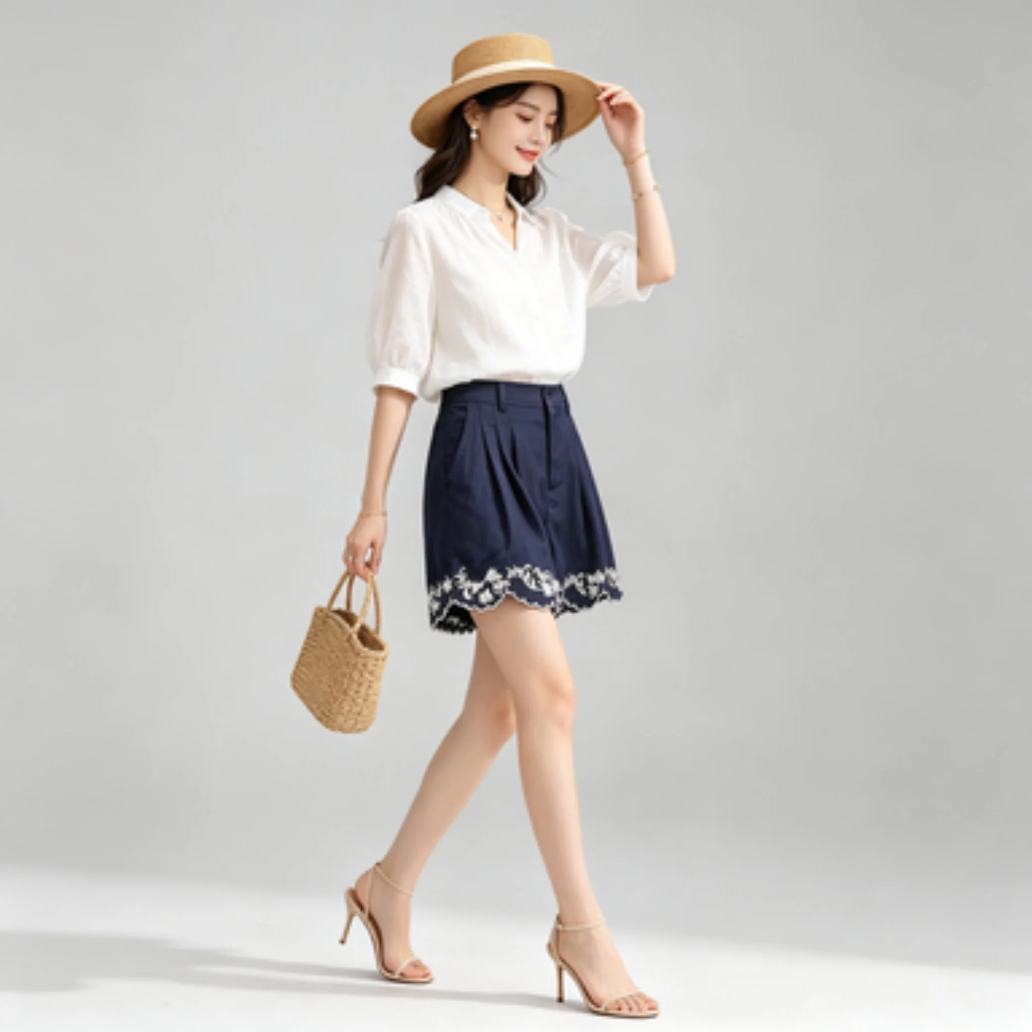 Women Navy Floral Embroidery Scallop Hem Skort