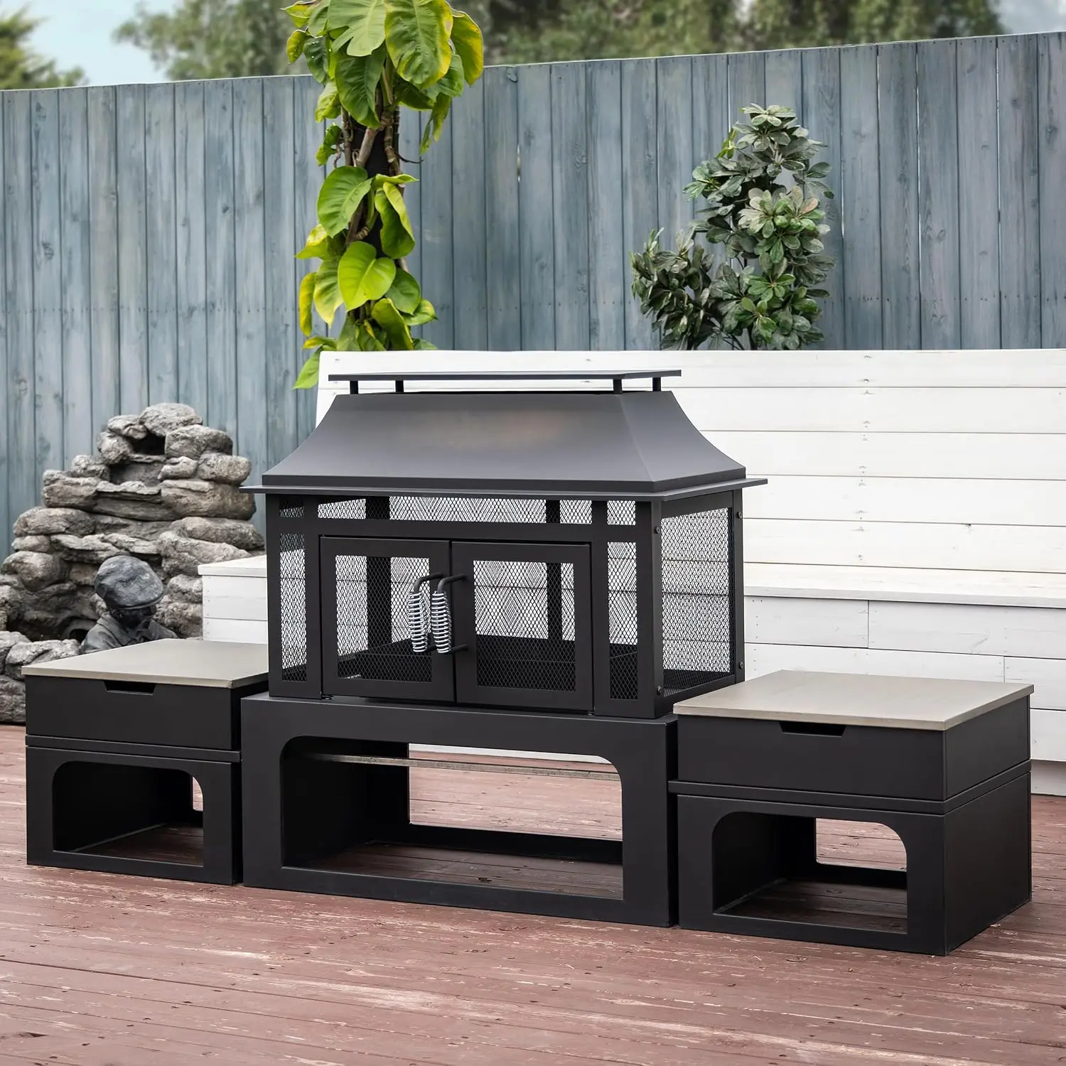 70 Inch Rectangular Outdoor Steel Woodburning Fireplace with Side Tables Integrated Log Storage and Log Poker