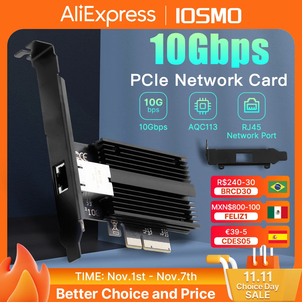 10Gbps PCI-E To RJ45 AQC113 PCIe x4 Gigabit Ethernet Network Card 10Gbps/5Gbps/2.5Gbps/1Gbps Wireless Adapter For PC Win10/11