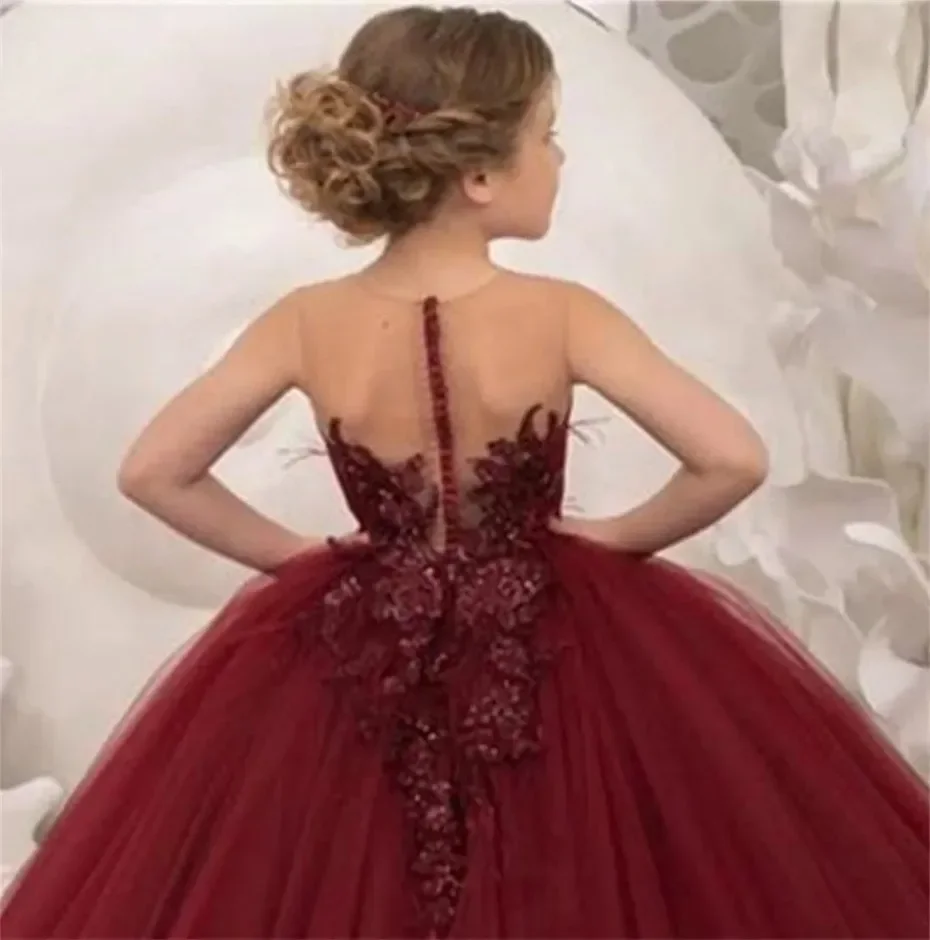 فستان فتاة الزهور باللون العنابي، مزين برقبة دائرية، فستان للفتيات الصغيرات لحفلات أعياد الميلاد وحفلات التواصل الأول