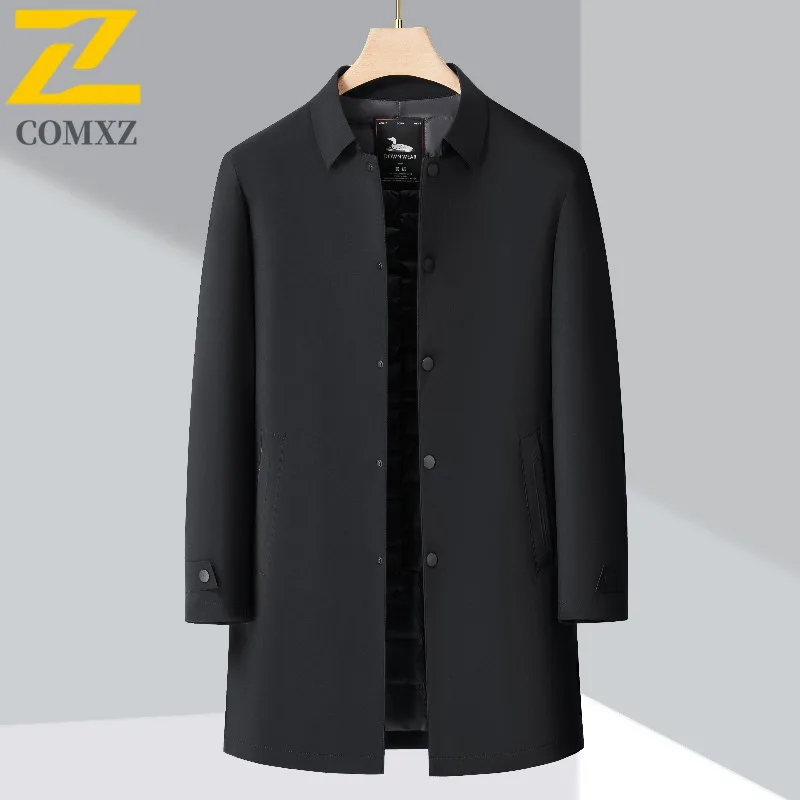 COMXZ Brand Luxury Mens Long Down Jacket Working Thickened Warm Puffer Coat Casual Single Breasted Travel Windproof Winter Coat