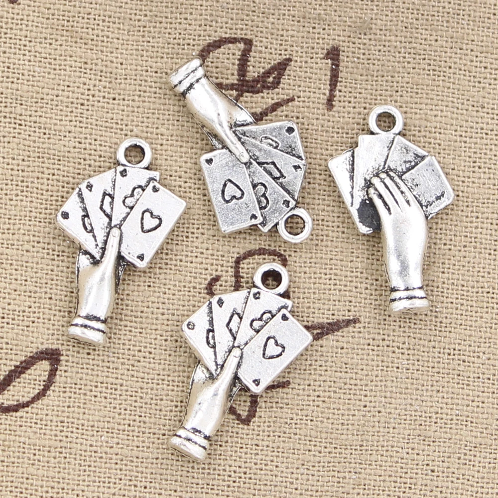 15pcs Charms Poker Playing Cards Hand 25x12mm Antique Silver Color Pendants Tibetan Findings DIY Handmade Making Craft
