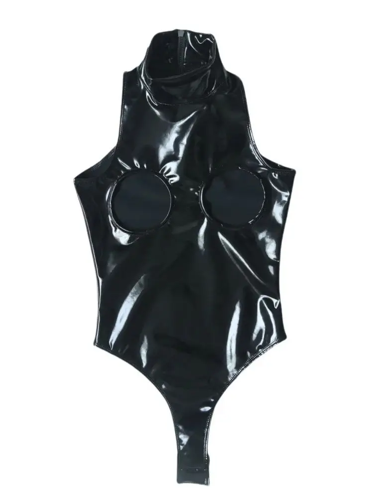 

Hollow Out Wet Look PVC Catsuit Shiny PU Leather Open Crotch Bodysuit High Cut Sukumizu Swimsuit Tight Sexy Body Teddies Leotard
