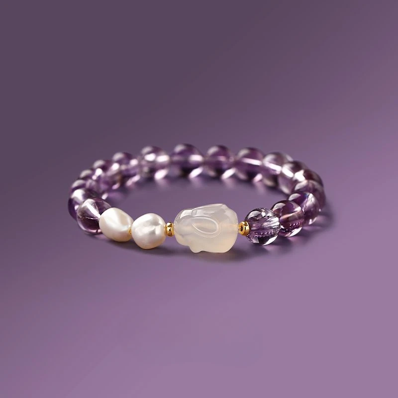 UMQ Natural 18K Gold Amethyst Bracelet Pearl Agate Zodiac Year Rabbit Bracelet Gifts for Girlfriend