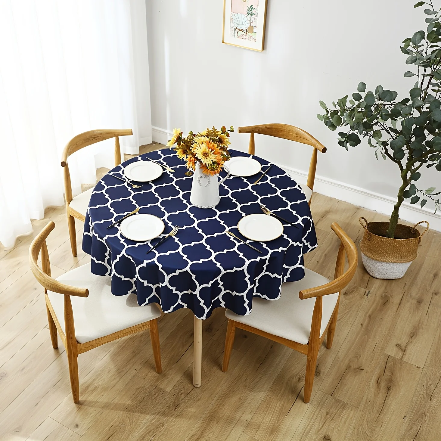 1pc Moroccan Pattern Polyester Tablecloth, Waterproof Anti-Scald Oil-Proof Wash-Free Table Cloth, Dining Table Decor, Navy Blue