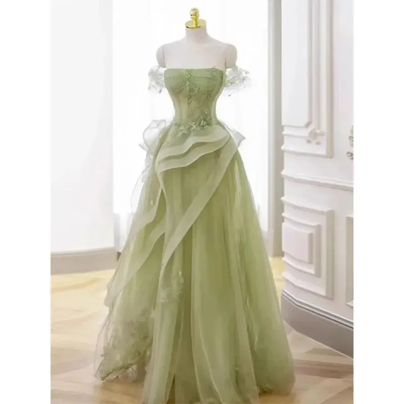 جديد العشب الأخضر قبالة الكتف طويل سيدة فتاة فستان وصيفة الشرف أداء الرقص فستان حفلة موسيقية