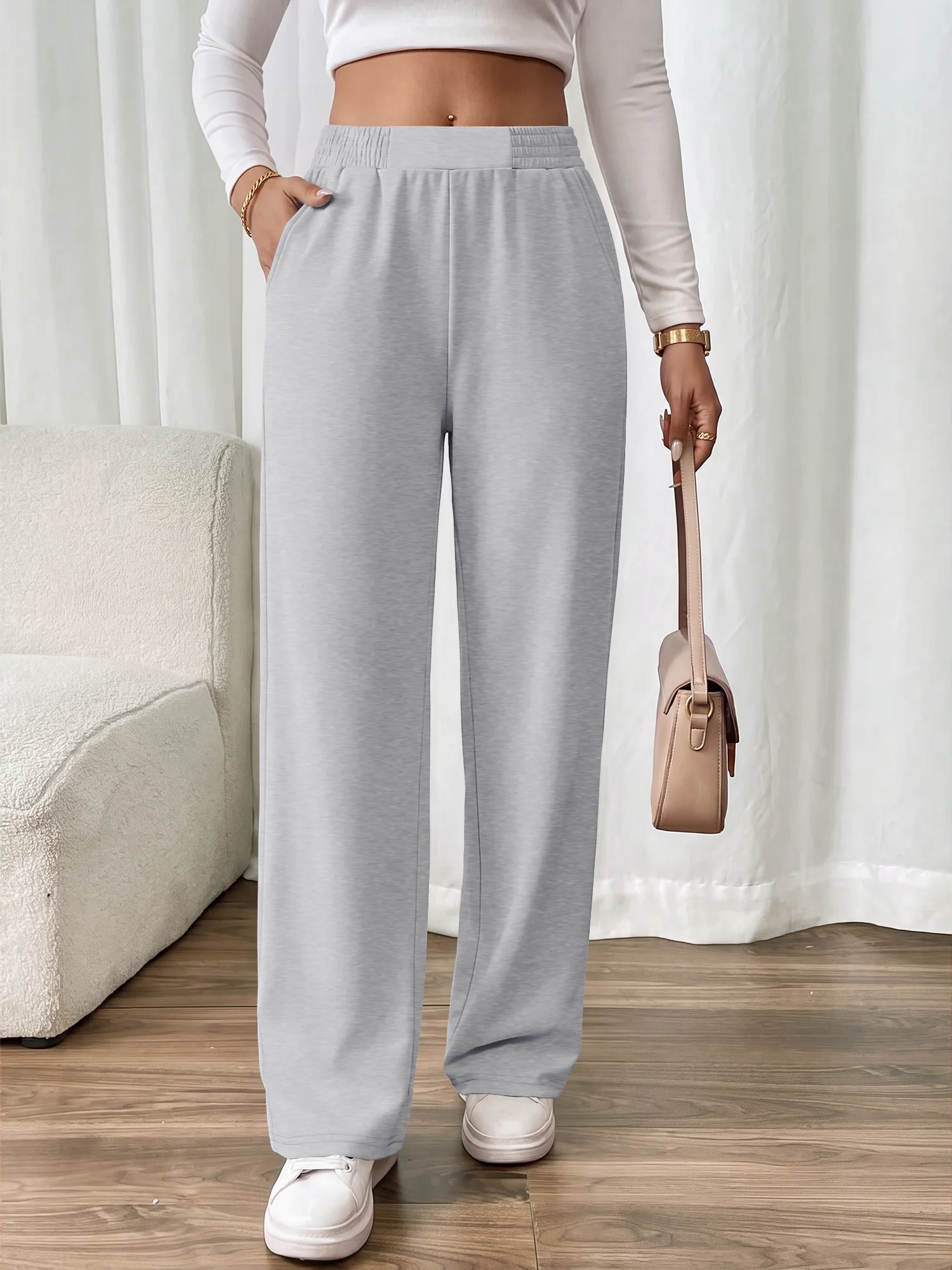 Athlete‑Style Straight Leg Sweat Pants, Wrinkle‑Free Fabric for Summer Hiking & Post‑Gym Errands