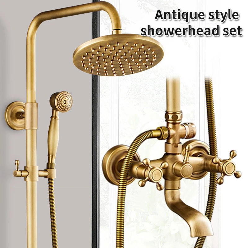 European Style Antique Full Copper Shower Set Vintage Bathroom Faucet with Cold And Hot Water Rainfall Spray Head