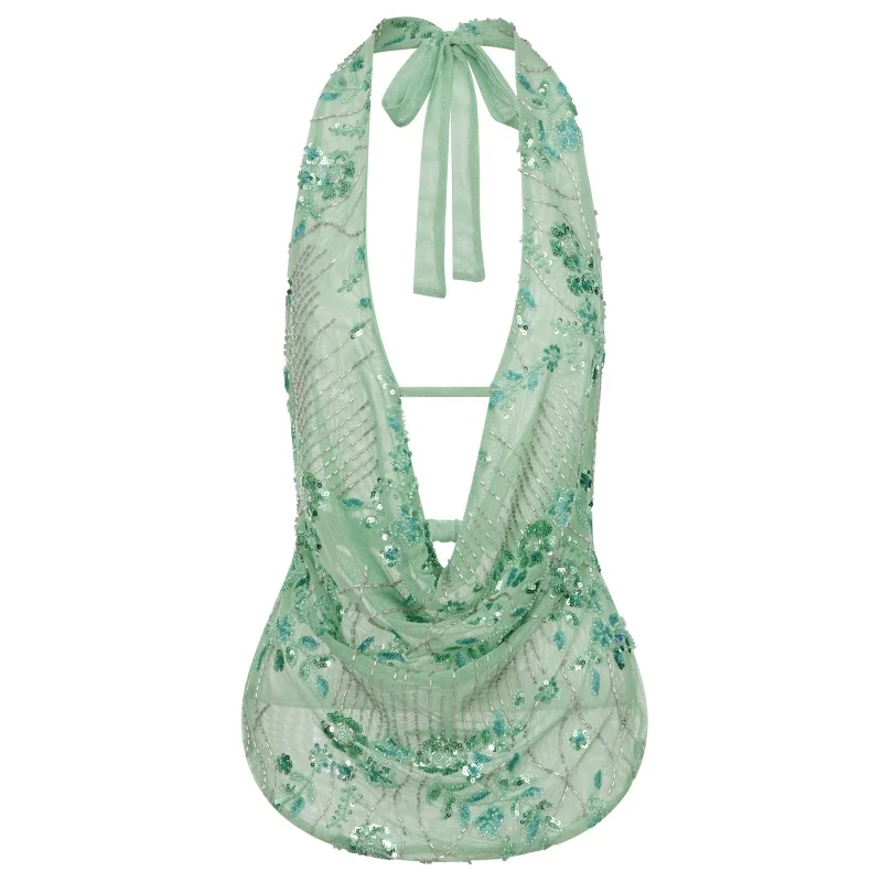 Haut court Chic à paillettes pour femmes, Sexy, sans manches, décolleté en V profond, dos nu, débardeur à paillettes, tenues de fête Rave