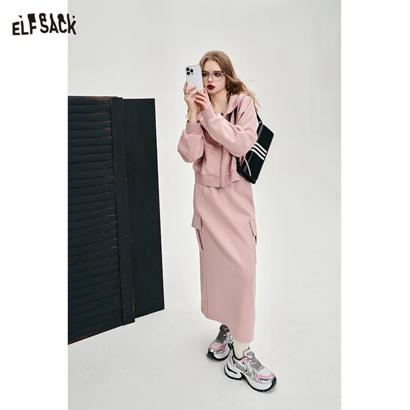 Imagem -03 - Elfsack-vestido Feminino com Capuz de Comprimento Médio Estilo Esportivo Suave Estilo de Trabalho Versátil Top Médio Longo Rosa Novo Primavera 2023