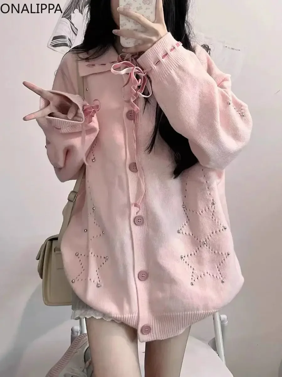 Onalippa Sweet Solid Pink Knitted Women Cardigan Slouchy Style Hollow Out Kawaii Cardigans Korean Peter Pan Collar Sweater