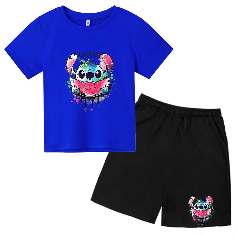 Children's Stitch Anime T-shirt 3-12Y Boys and Girls Preschool Top+Shorts Beautiful Girls Party Charm Sports Jogging Casual Set