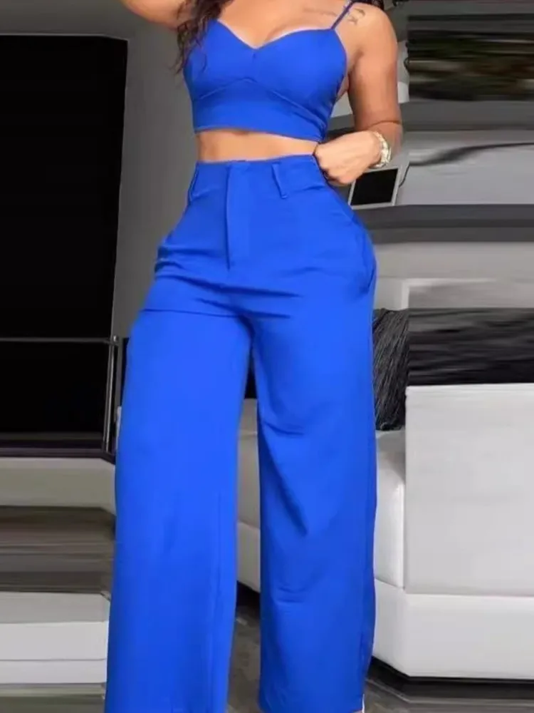 

Fashion Solid Set Female Sexy Spaghetti Strap V Neck Tops+High Waist Wide Leg Pants 2 Piece Sets Women Summer Office Clothes New