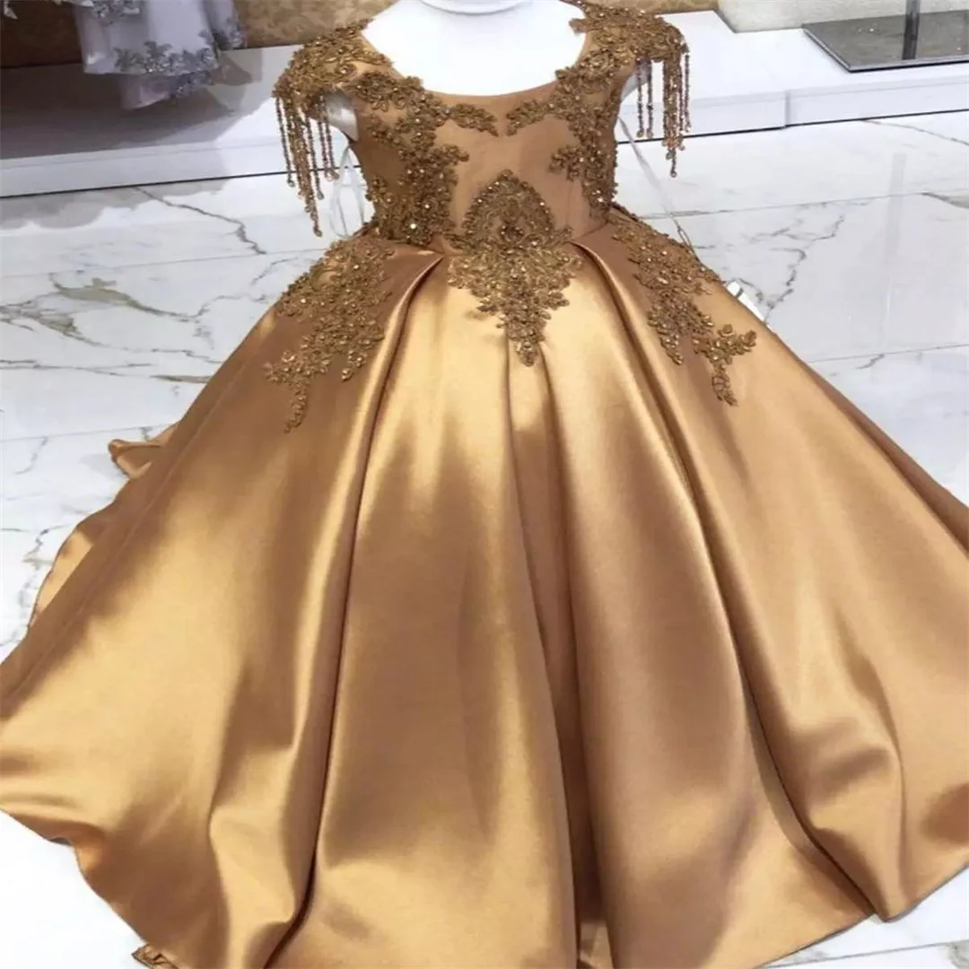 Wedding Birthday Gold Crystal Long Flower Girls Dress Pageant Dresses Beaded Toddler Infant Clothes Little Kids Birthday