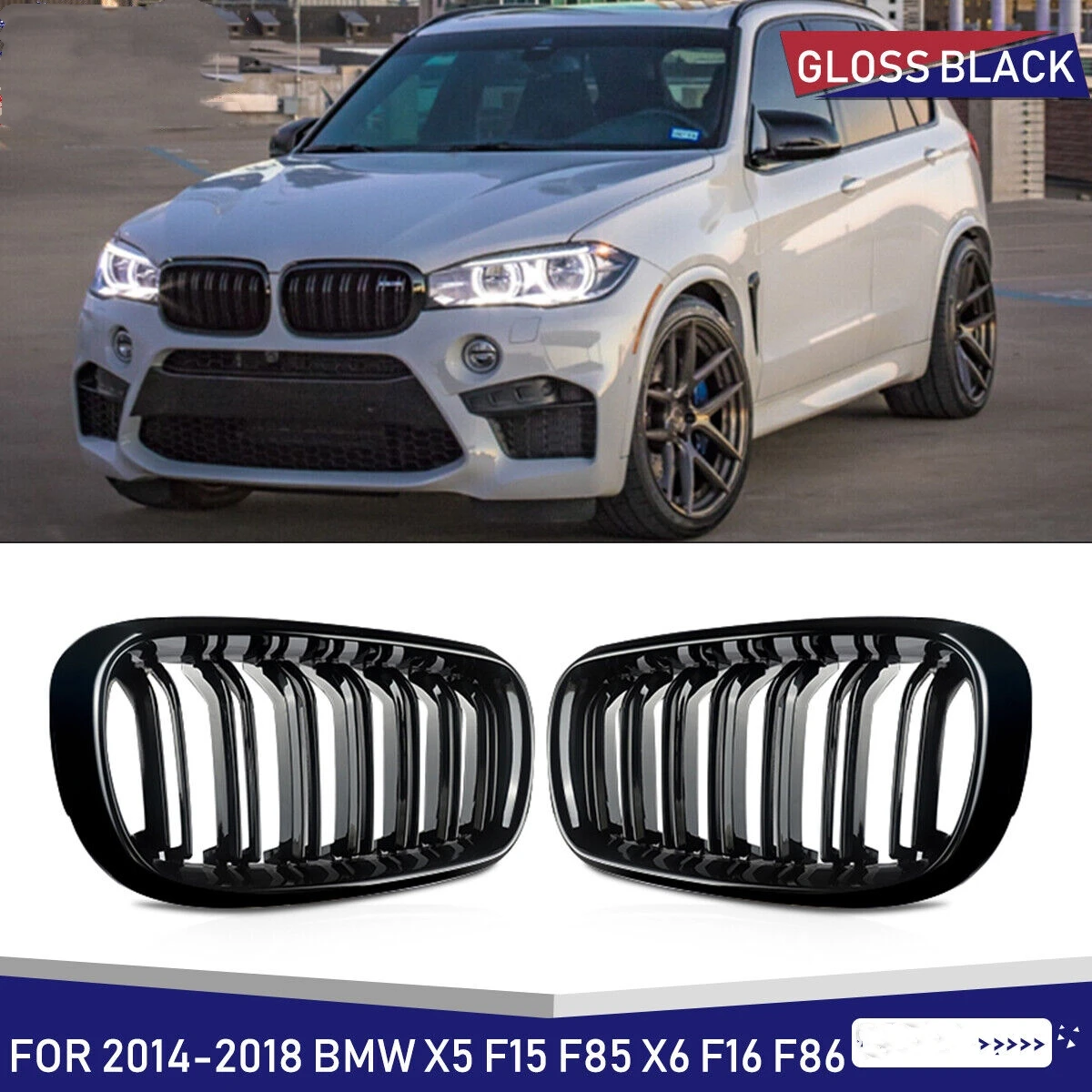 For BMW F15 F16 X5 X6 F85 F86 2014-2018 Front Bumper Kidney Racing Grille Glossy Black Car Double Slat Grill