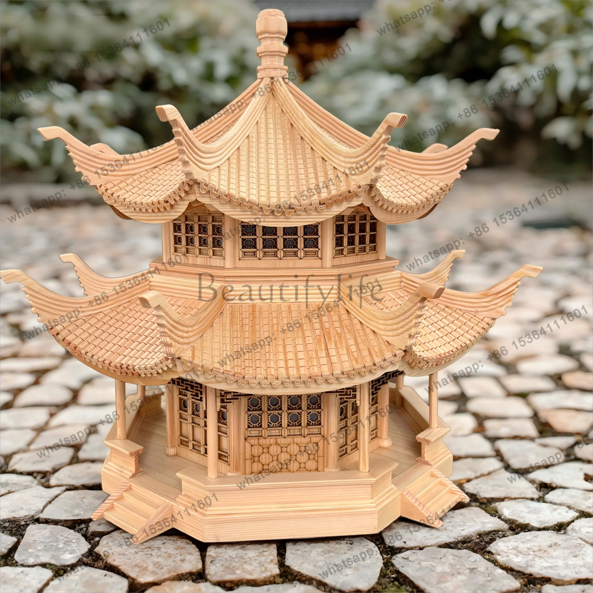Wood carving ancient building Tianquan Pavilion ornament hotel decoration hanging reflection in the air