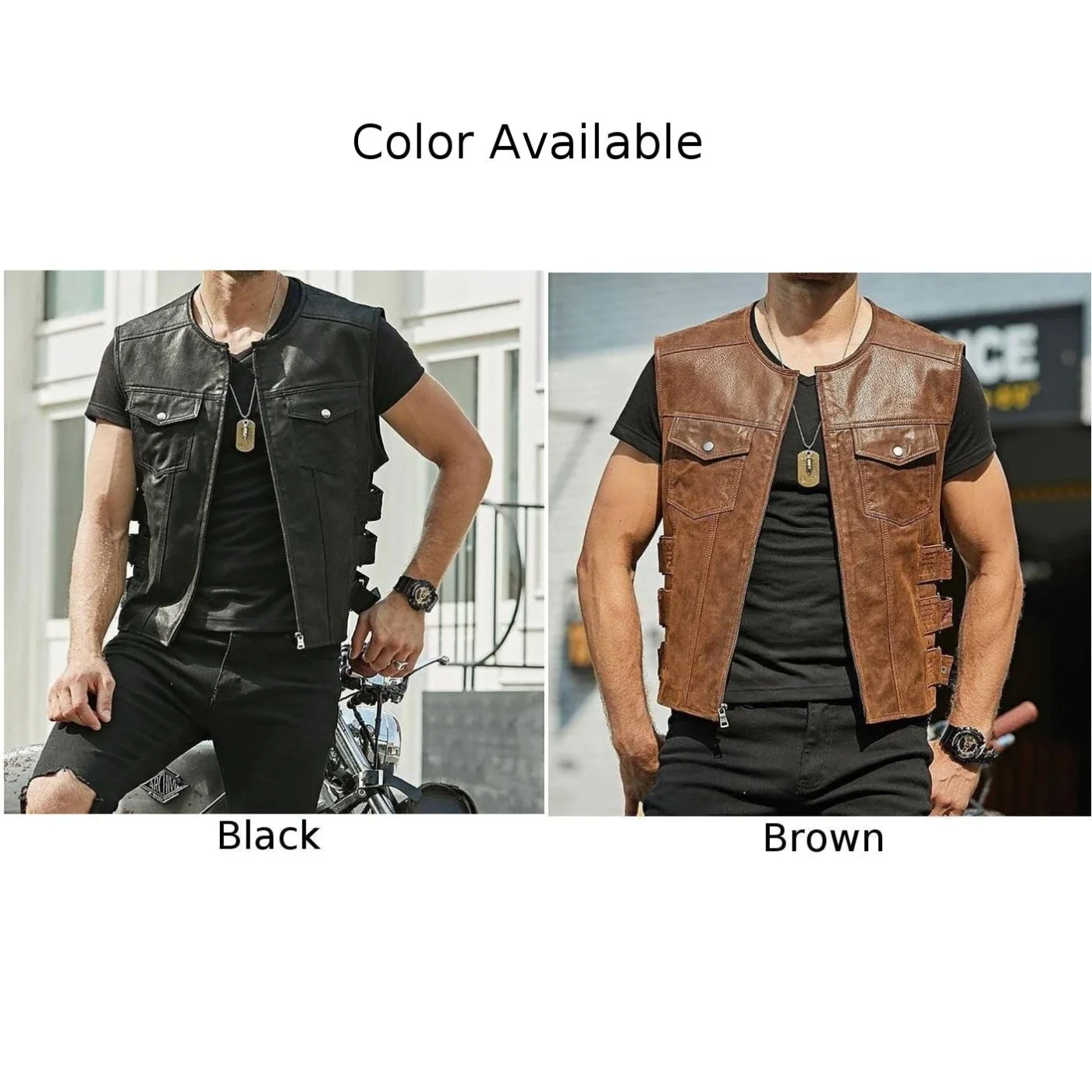 Modern Men's Faux Leather Biker Waistcoat  Motorcycle Black Vest with Multiple Club Pockets  Sleek and Sleeveless