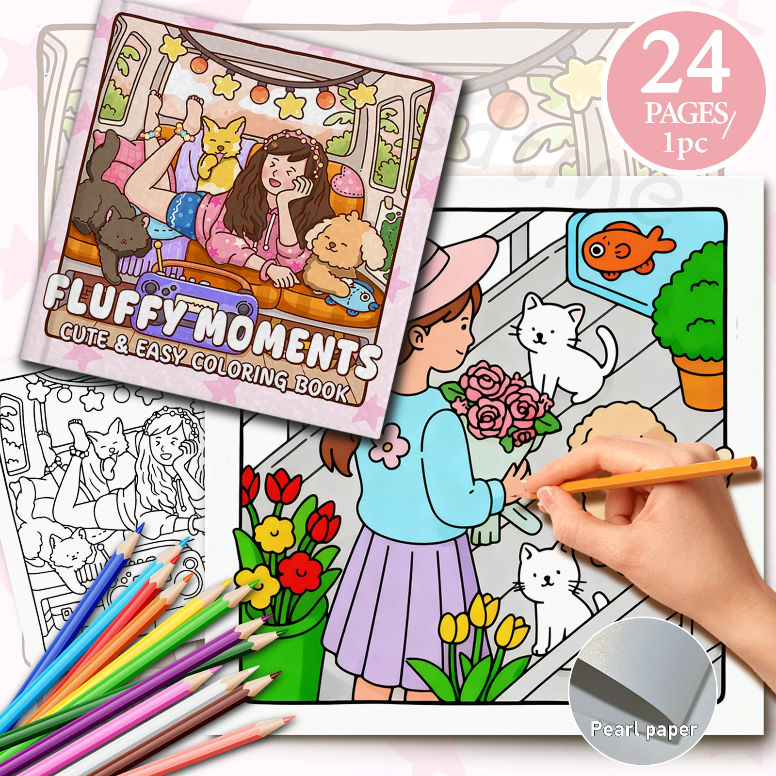 FLUFFY MOMENTS Cute Easy Coloring Book For Adults Stress Relief Drawing Book Perfect Gift for Party and Birthday & Christmas