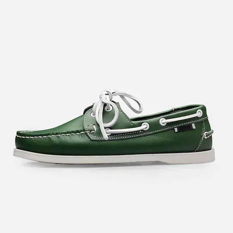 2024 Men Genuine Leather Classic Docksides Boat Shoes Mocassins Handmade Shoes Mens Casual Non-Slip Rubber Outsoles
