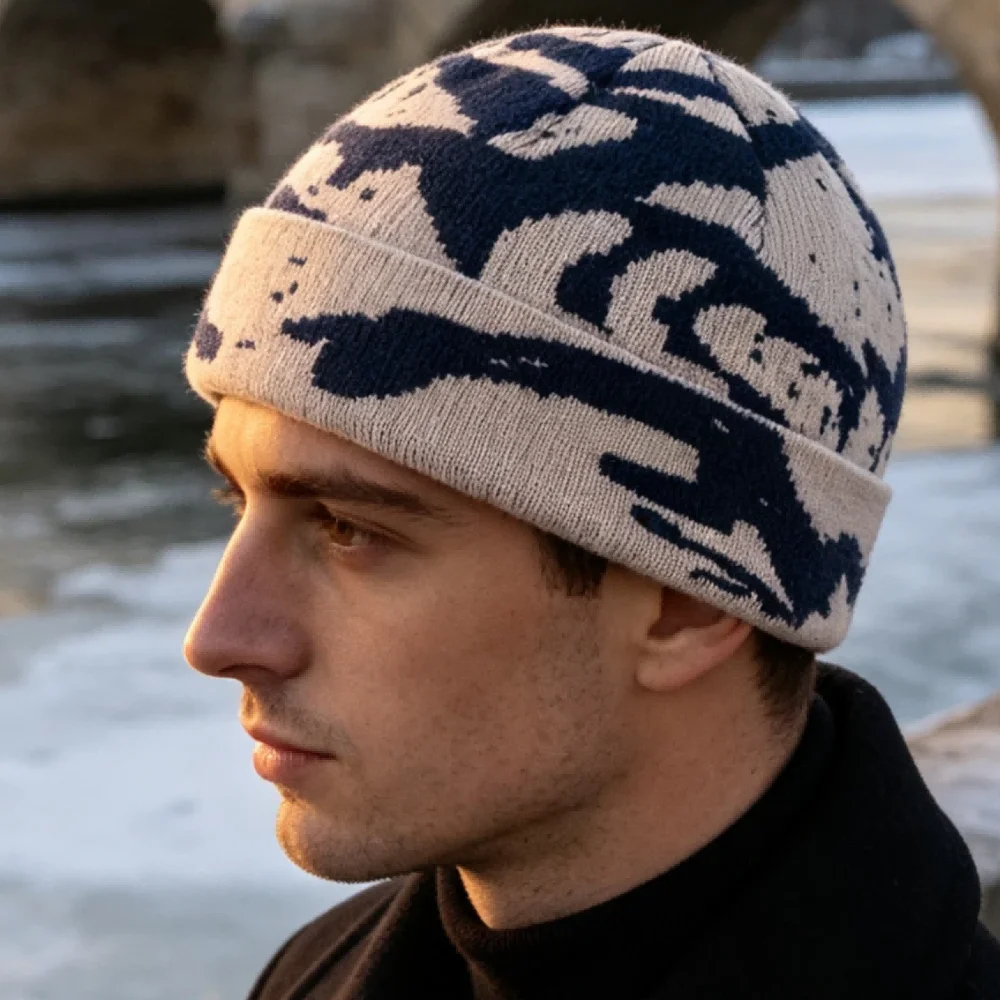 Neue Unisex Outdoor Skull Cap, modische geometrische Druckmuster, schicke Wintermützen im Seemannsstil für Herren und Damen, Herbst-Ski-Beanie-Mütze – Detail 3