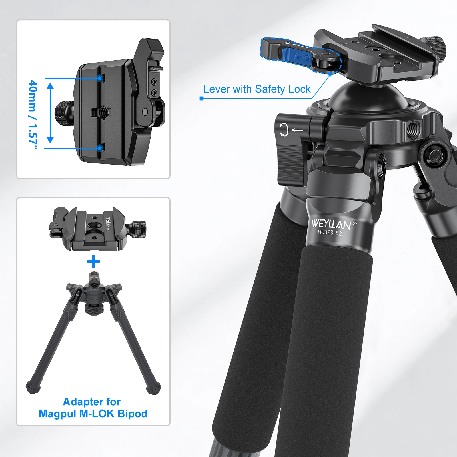 WEYLLAN HU323 카본 파이버 삼각대(52mm 레버 볼 헤드 내장, 32mm 튜브 경량 카메라 삼각대)