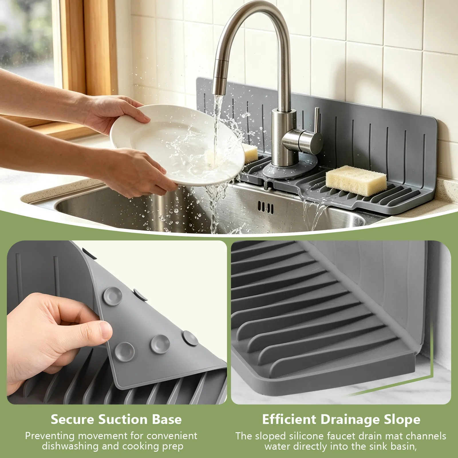 Silicone Faucet Mat Splash Guard Sink Drain Pad Non-Slip Water Cather Tray Countertop Protector for Kitchen Bathroom