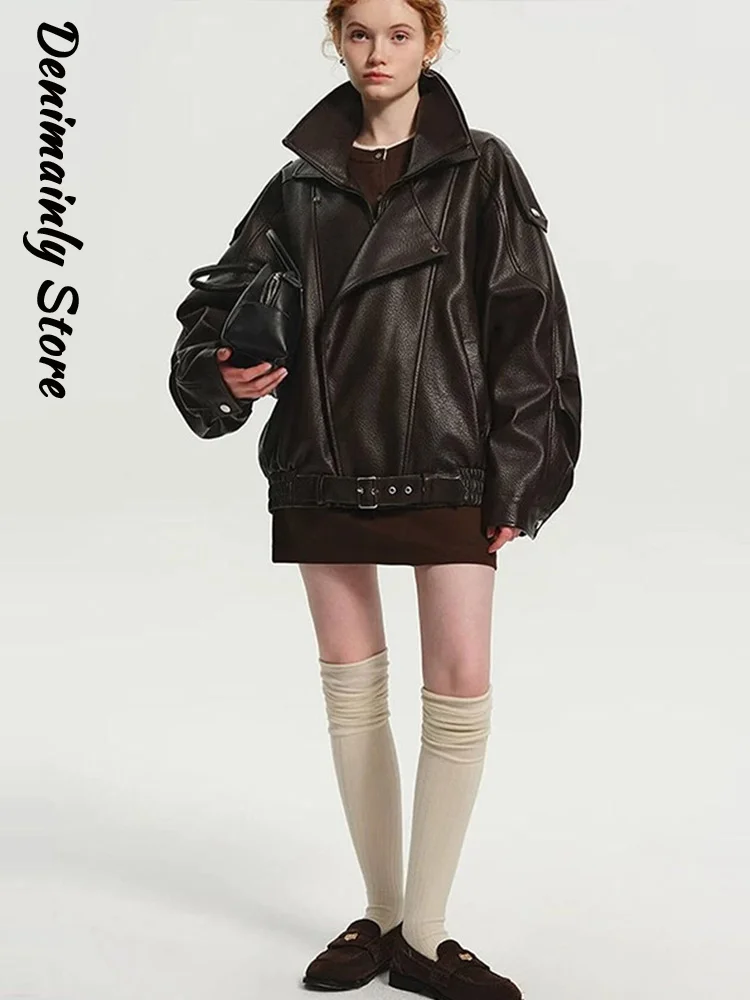 

Black Asymmetry Metal Buckle Leather Jackets Women Lapel Long Sleeve Zipper Warm Street Coat 2025 Autumn Lady Thick Outwear New
