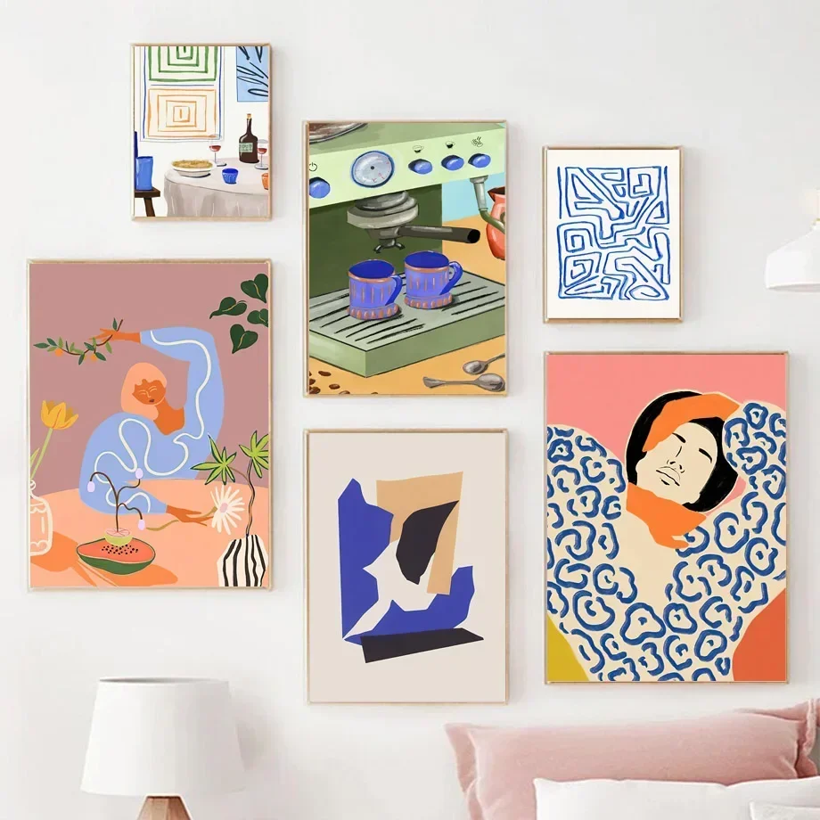 1PC Frameless  Abstract Geometry Line Girl Coffee Maker Fruit Canvas Painting Posters and Prints Wall Art Living Room Interior H