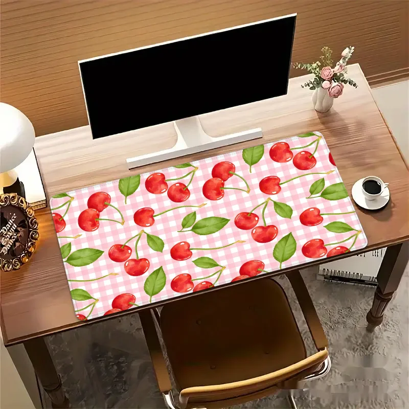 Cherry Print Mouse Pad - XXL Rubber Gaming Mat, Non-Slip Oblong Desk Pad with Tartan Design, Office & Home Accessories, Durable