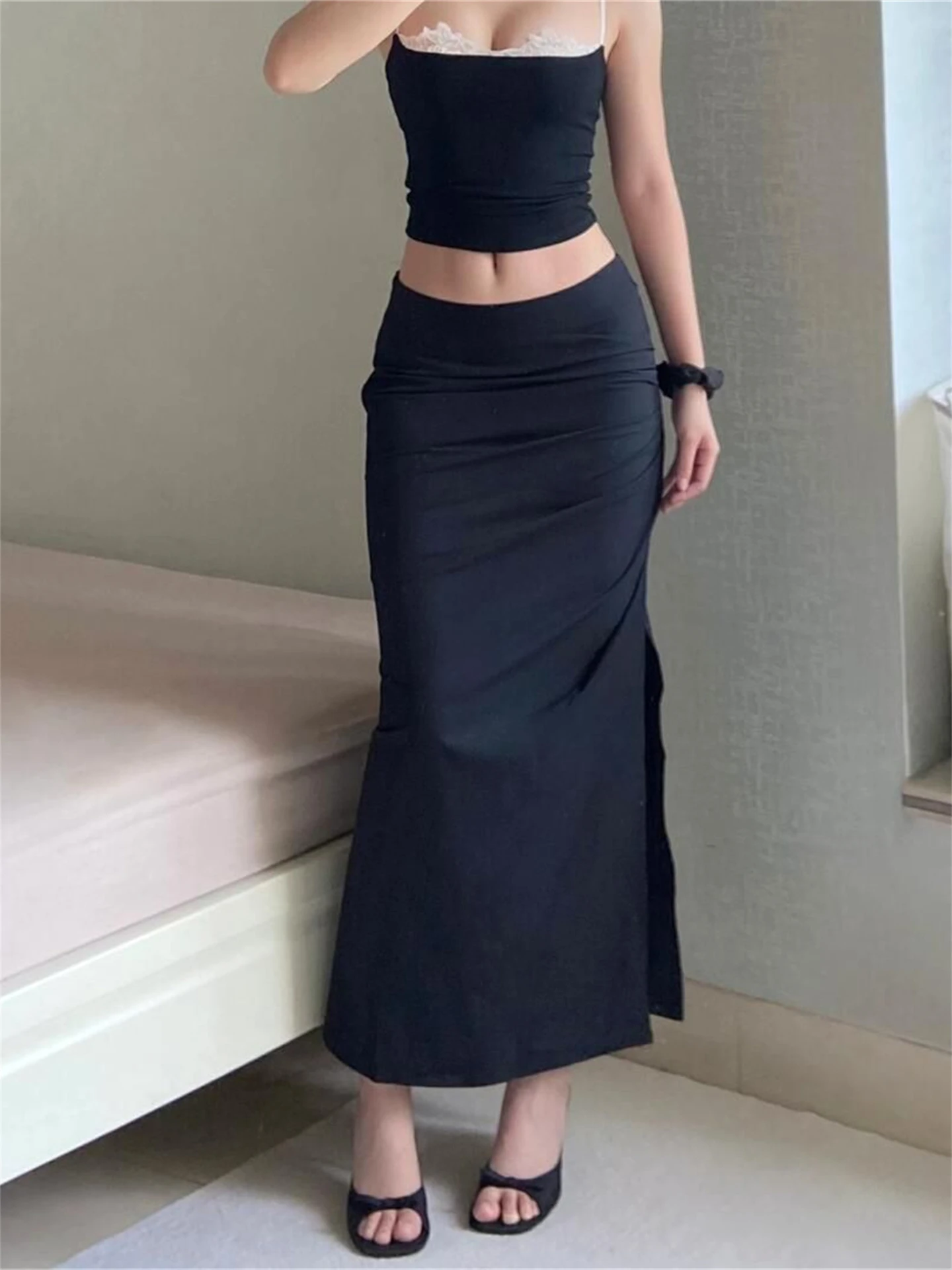 

Американский стиль: женская юбка больших размеров, новинка весна-осень, с высокой талией, А-силуэт, миди, с разрезом, повседневная одежда для женщин.