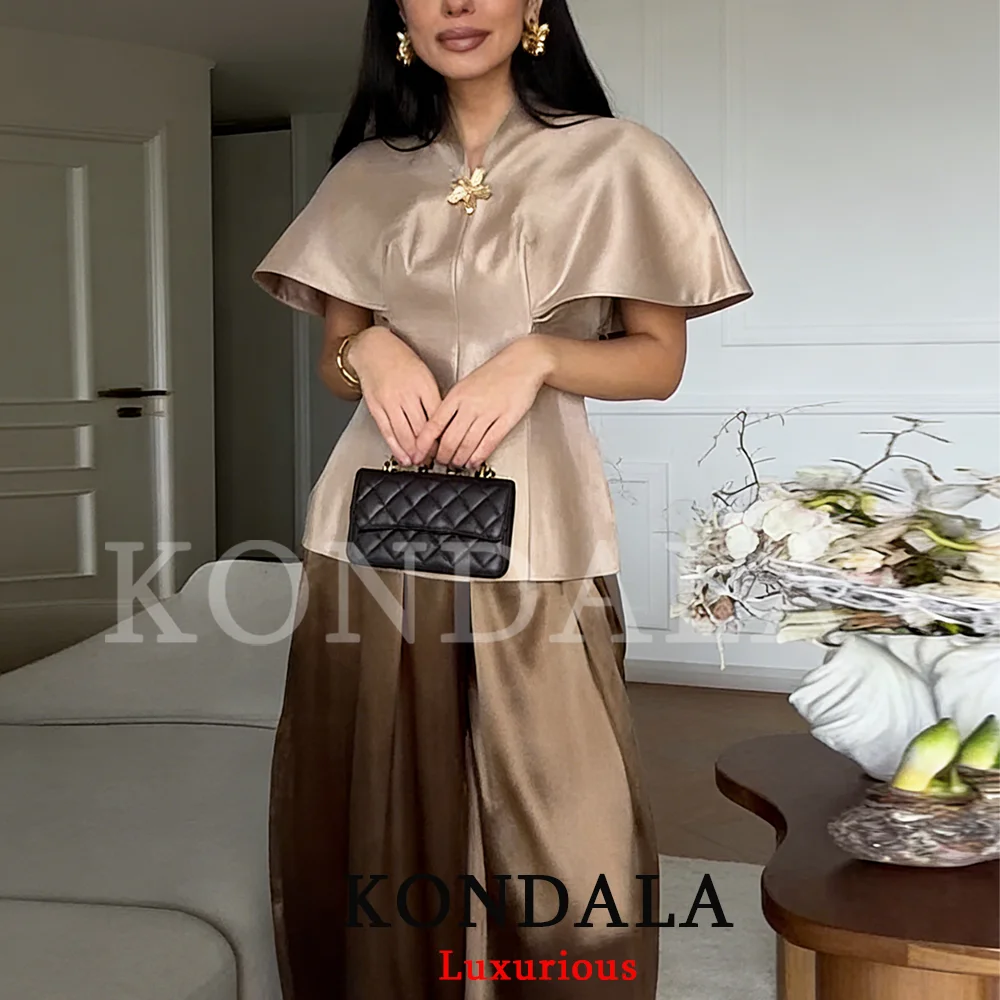 KONDALA Luxuriöses Party-Chic Damen Satin-Top mit Stehkragen, Kurzarm, Slim Fit, Modisch, Frühling/Sommer 2026, Glänzendes Urlaubstop