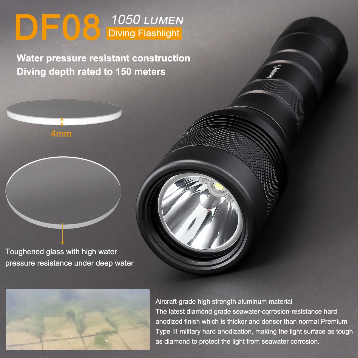 SecurityIng DF08 IPX8 Waterproof Scuba Diving Flashlight Max 1050 Lumens 150m Underwater Dive Torch with 9 Degree Beam Angle