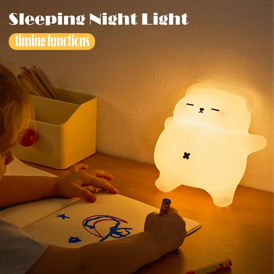 Urocza lampka nocna LED w kształcie misia, silikonowa lampka w kształcie zwierzątka z kreskówki, prezent urodzinowy dla dzieci, ładowalna, z timerem, do sypialni, lampka do spania przy łóżku.