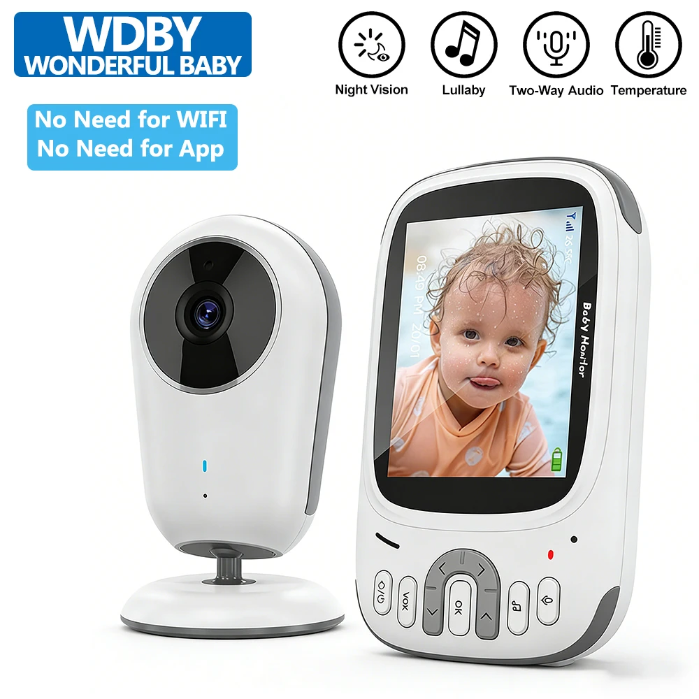 Video Baby Monitor with IR Night Vision Temperature Monitor Lullabies Two-Way Intercom VOX Mode & Walkie Talkie Function VB609