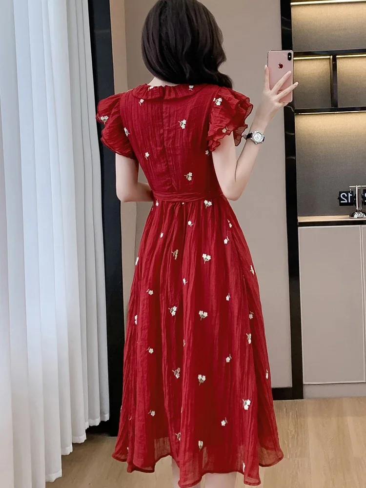 여성 우아한 플라잉 슬리브 캐주얼 드레스 2025 한국 빈티지 파티 드레스 여름 레드 자카드 플로럴 시크 보우 밴디지 롱 드레스