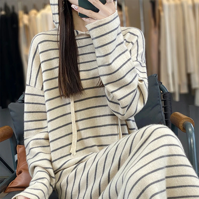 

Fall/Winter Pure Wool Knitted Dress Women's Long Contrasting Stripes Loose Covered Sweater Skirt