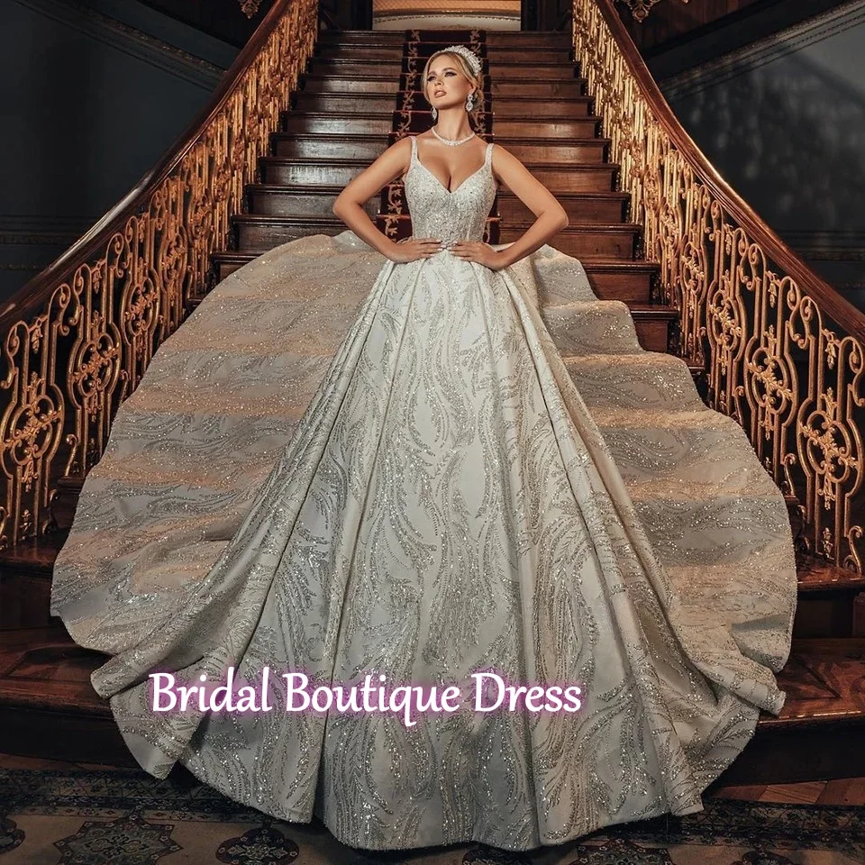 فستان زفاف فاخر مخصص مزين بالترتر اللامع للأميرة 2026 فساتين عروس رائعة على شكل حرف v للنساء فيستدو دي
