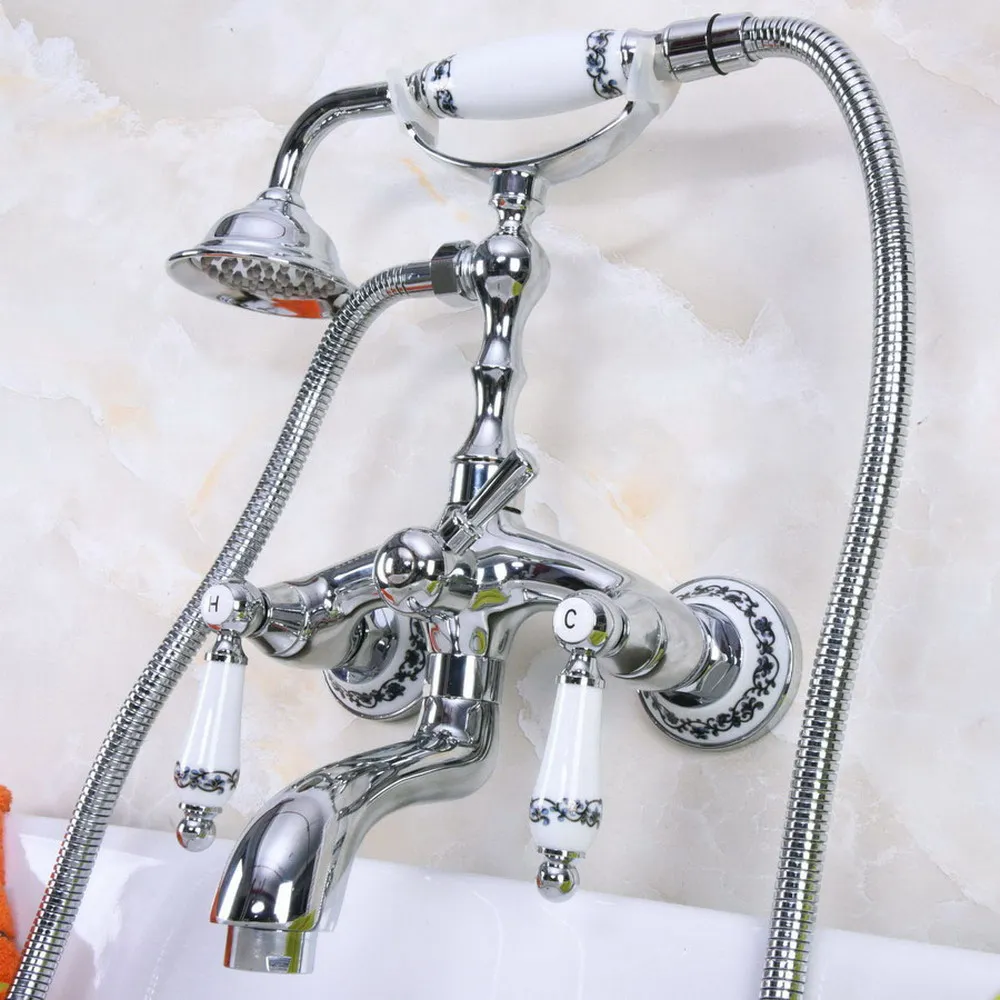 

Polished Chrome Clawfoot Bathtub Faucet Set with Handheld Shower Dual Handles Mixer Taps Wall Mounted tna215