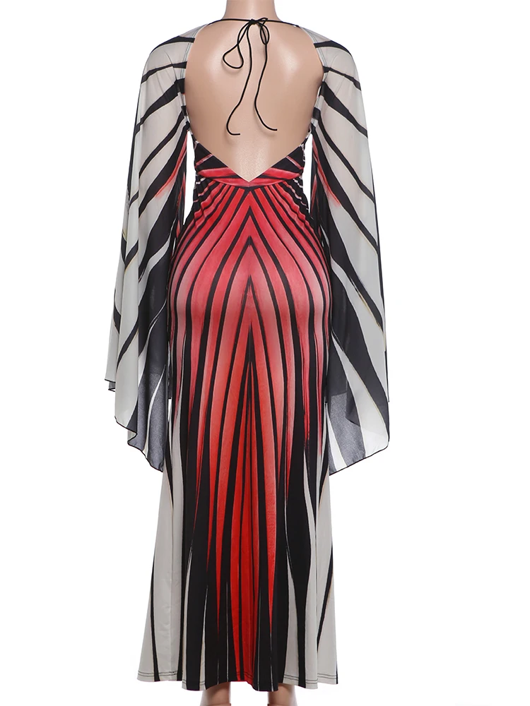 Weird Puss Buntes gestreiftes langes Kleid für Damen, mit Schnürung, Neckholder, rückenfrei, Fledermausärmel, Mitternachts-Abendkleid, Partykleid, gerafft, elegantes Vestido – Detail 5