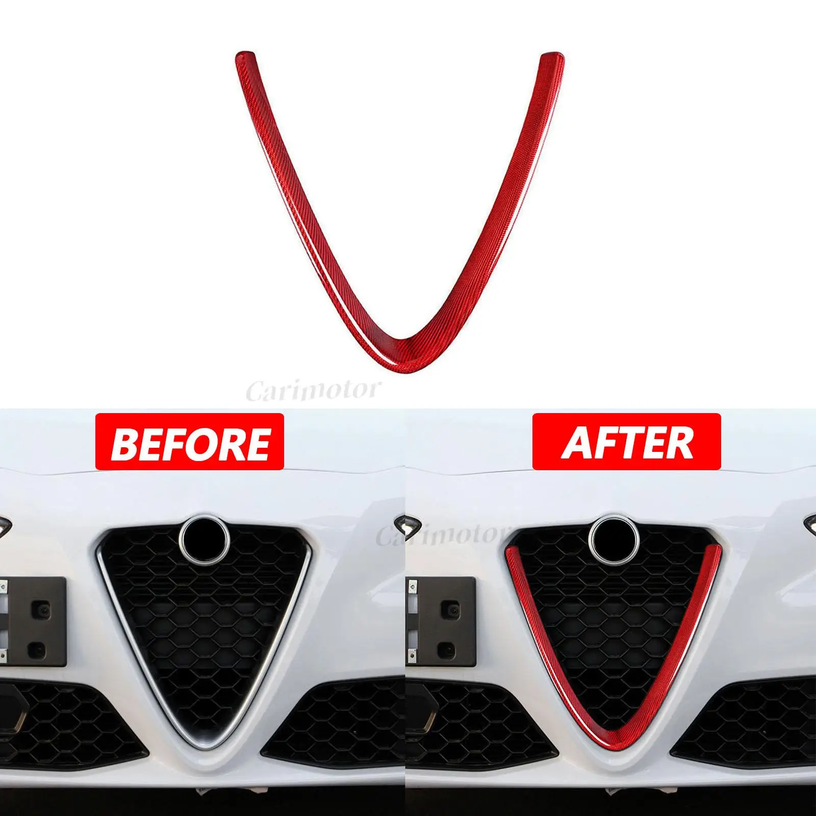 Red 3K CARBON FIBER FOR ALFA ROMEO GIULIA 17-21 FRONT V SHAPE GRILLE COVER TRIM