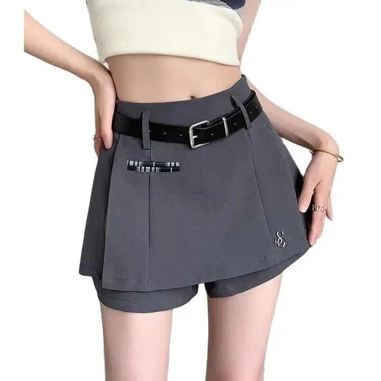 Pak Broek En Rokken Geplooid High-End Grijze Dames Zomer Nieuw Design High-Taille A-Lijn Casual Hot Girl Mini Shorts Rok