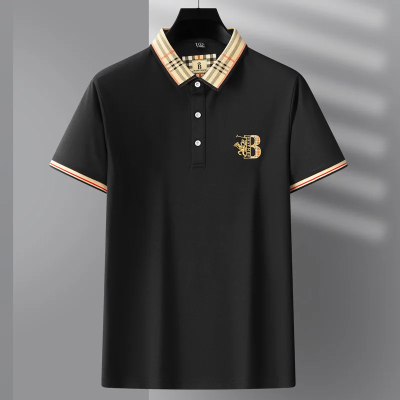 Camisa polo de manga curta bordada masculina, top de picolé, de algodão puro, casual, respirável, novo, verão, 4XL, 2022