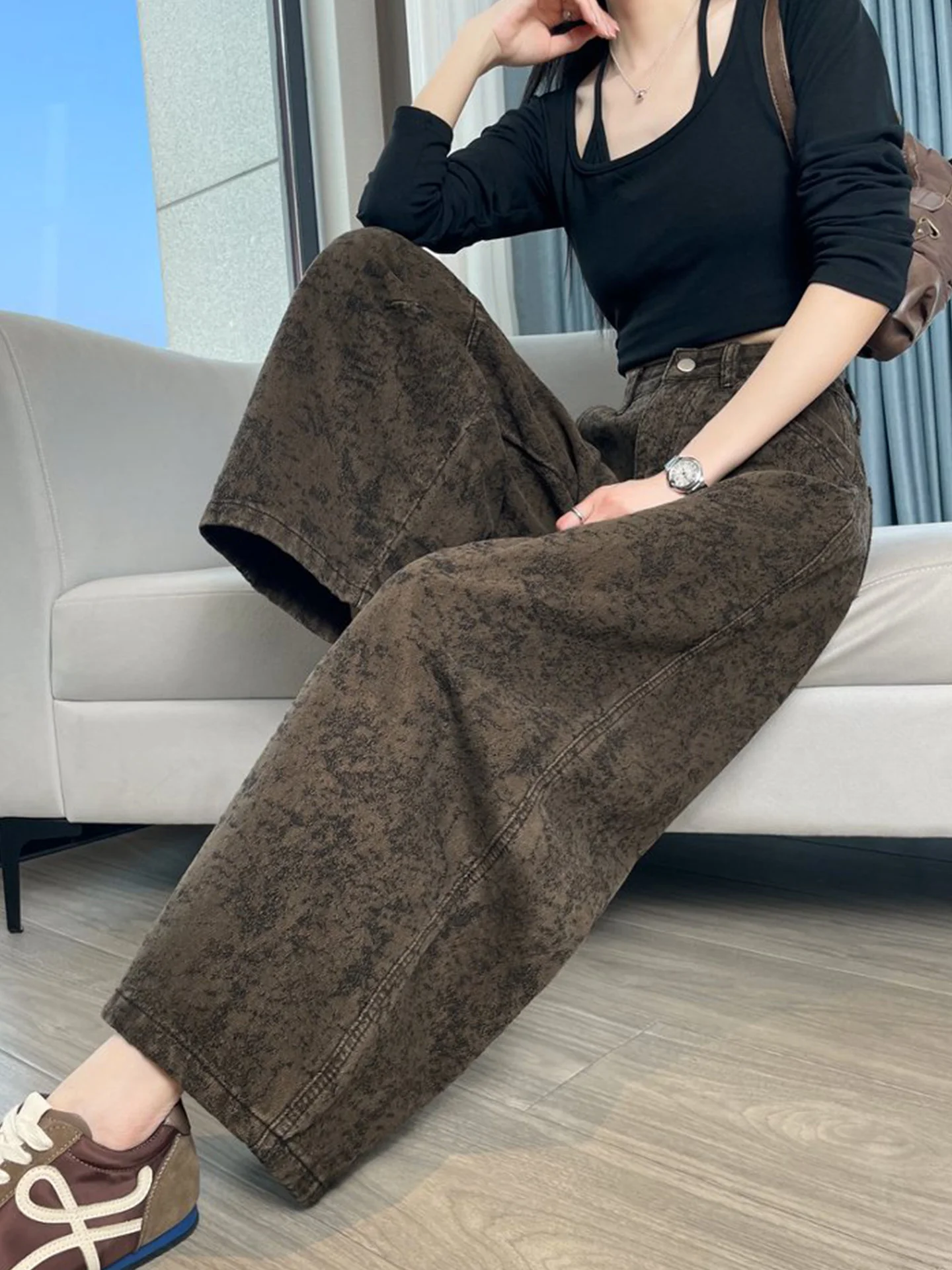 

Waed Floral Embroidery Coffee Color Denim Pants Women's High Waist Wide Leg Pants Spring Autumn Design Sensation Small Size