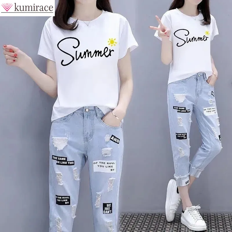 2022 Summer New Elegant Women's Pants Set Fashion Printed Short Sleeve T-shirt Pierced Jeans Two-piece Set Female Tracksuit