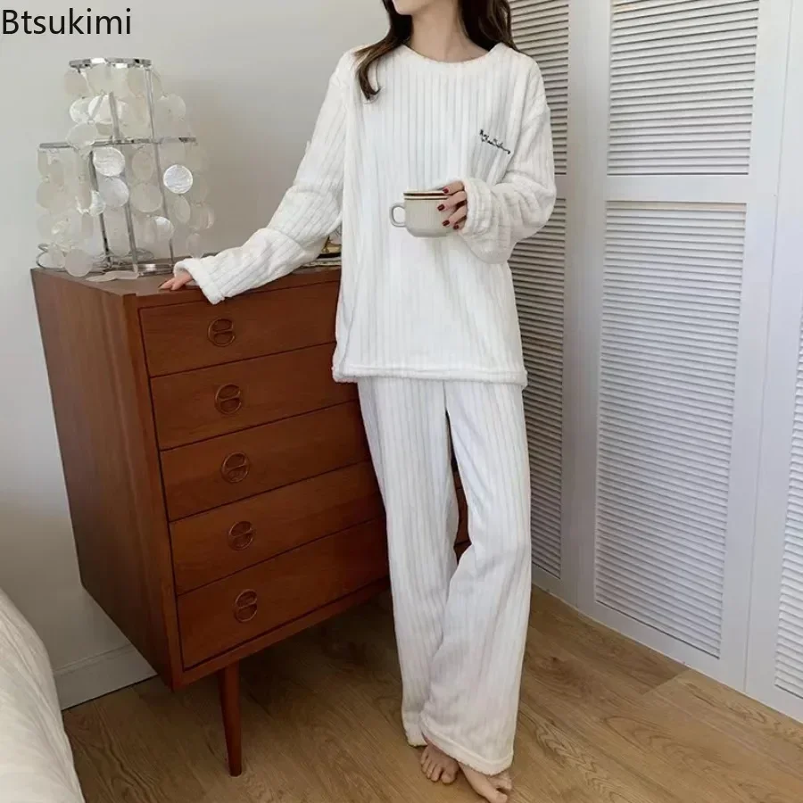 New2024 Women\'s Warm Flannel Pajamas Sets Two-piece Coral Fleece Homewear Autumn Winter Loose Casual Striped Simple Cozy Pajamas