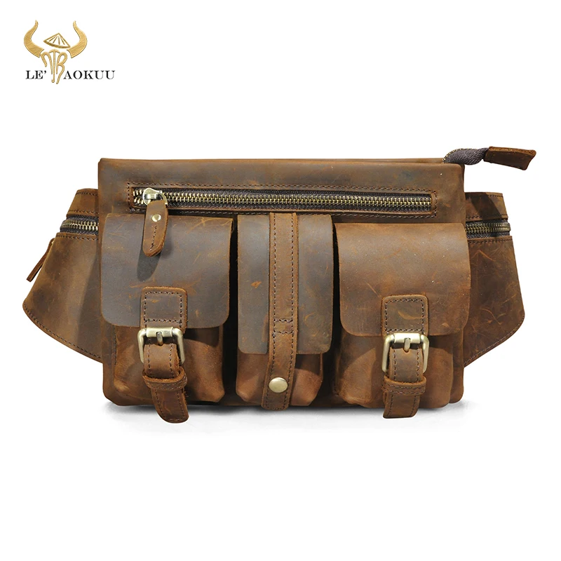 Genuine Crazy Horse Leather Travel Retro Fanny Waist Belt Bag Chest Pack Sling Bag Design Phone Cigarette Case For Men Male 381