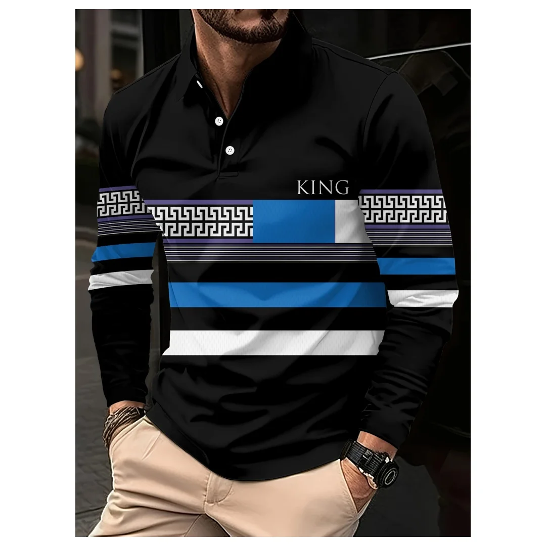 Men's long-sleeved polo shirt 3d striped printed autumn business casual lapel button men's clothing ventilate sports polo shirts