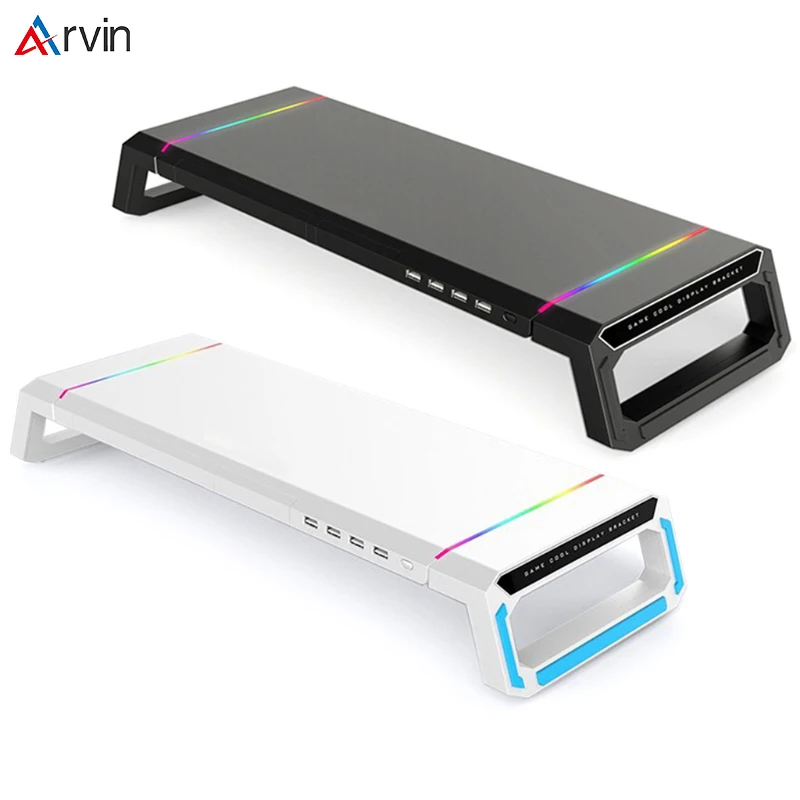 Arvin Computer Monitor Holder RGB Light Laptop Heighten Stand Computer Holder With USB HUB Drawer Phone Holder For Office Desk